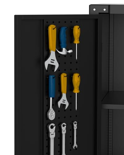 GarveeHome Metal Storage Cabinet with Wheels, Steel Tool Cabinet with Pegboard and 4 Adjustable Shelves, Lockable Rolling Garage Cabinet for Home, Garage, Office Organization (Deep Black) GarveeHome