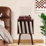 LELELINKY Small Record Player Stand - Width 11.7 in, Walnut Vinyl Record Storage Table with 4 Cabinet Up to 80 Albums, Vinyl Holder with Wood Legs,Turntable Stand Display Shelf for Bedroom Living Room LELELINKY
