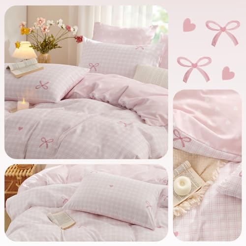 Erwinmu Gingham Comforter Set Twin Size,2 Pieces Pink Plaid Bow Ties Comforter Bedding Sets Reversible Pattern for Girls Kids,Cozy Breathable Microfiber Comforter and 1 Pillowcase Erwinmu