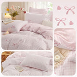 Erwinmu Gingham Comforter Set Twin Size,2 Pieces Pink Plaid Bow Ties Comforter Bedding Sets Reversible Pattern for Girls Kids,Cozy Breathable Microfiber Comforter and 1 Pillowcase Erwinmu