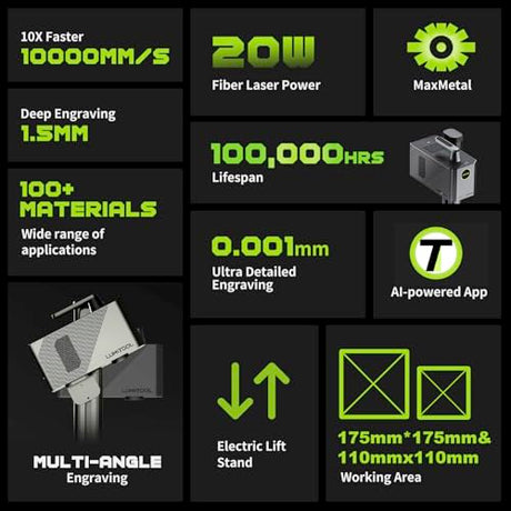 LumiTool 20W True Fiber Laser Engraver - 10X Faster AI Fiber Laser Engraving Machine for Metal, Jewelry, Leather & More - AI-Powered, Deep Engraving, Cloud Data, Compact & Affordable Lumitool