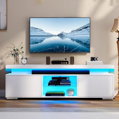 DWVO LED TV Stand for 65 inch TV w/Power Outlet, TV Stands for Living Room, Entertainment Center with Storage, Modern Television Stand, Gaming Media Stand White