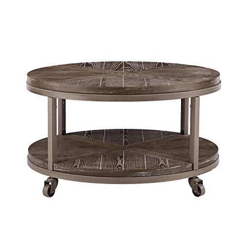 SEI Furniture Konya Urban Industrial Round Coffee Table, White-limed Burnt Oak/Distressed Gray - WoodArtSupply