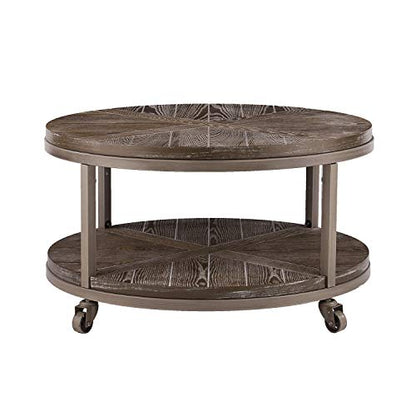 SEI Furniture Konya Urban Industrial Round Coffee Table, White-limed Burnt Oak/Distressed Gray - WoodArtSupply