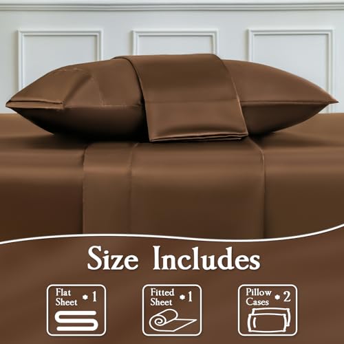 LIFCOM Satin Sheets Queen Size Bed Set,Similar to Silk Sheets,4Pcs Luxury Satin Sheet Set with 15 Inches Deep Pocket (Queen, Brown) LIFCOM
