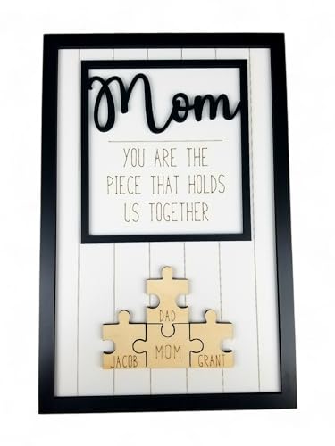 Mothers Day Gift For Mom | Personalized Mom Puzzle Sign with Custom Kids Names | Add 1-8 Child Names | Puzzle Gift for Grandma | Puzzle Piece Wall Decor Family | Wood Puzzle Wall Decor (Mom) - WoodArtSupply