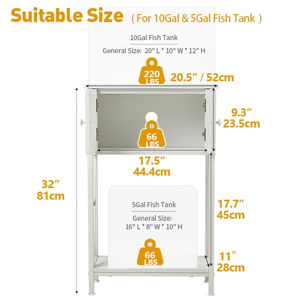 LAQUAL 10 Gallon Fish Tank Stand with Cabinet, Double Aquarium Stand for 10 & 5 Gallon Fish Tank, Heavy Metal Stand with Stable Structure, Adjustable Table Feet & Anti-tilt Device - White - WoodArtSupply