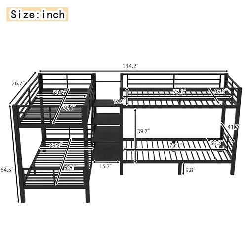 Bellemave Metal Quad Bunk Bed with Stairs for 4, L-Shaped Twin Size Quad Bunk Bed Frame,Heavy Duty Bunk Beds for Kids Teens Adults,Black Bellemave