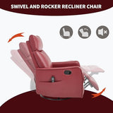 High Back Massage Recliner with Heat - Swivel Rocking Chair for Small Spaces, Manual Lazy Boy Recliner for Adults, Perfect for Living Room & Bedroom, Soft Fabric (Red)