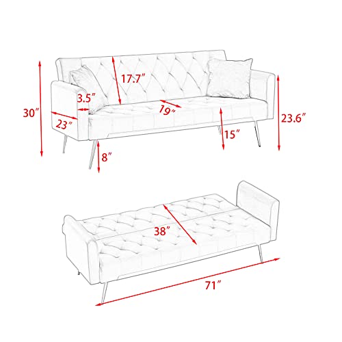 Anwick 72" Modern Velvet Sofa Bed Futon,Convertible Folding Sleeper Bed Couches with 3 Adjustable Backrests,Tufted Recliner Loveseat with Golden Chrome Legs for Small Living Room Office (Blue) Anwick
