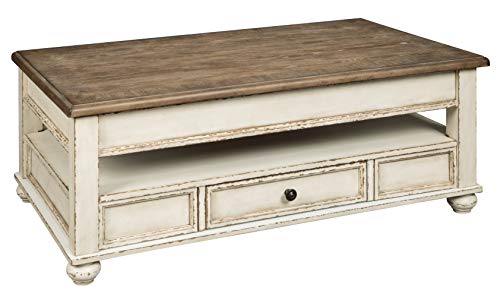 Signature Design by Ashley Realyn Vintage Farmhouse Rectangular Lift Top Coffee Table with Storage Drawer, White & Brown Signature Design by Ashley