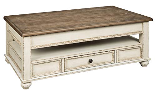 Signature Design by Ashley Realyn Vintage Farmhouse Rectangular Lift Top Coffee Table with Storage Drawer, White & Brown - WoodArtSupply