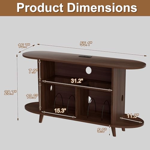 Hretanant Vinyl Record Player Stand with LED Lights & Charging Station, Large Record Holdert with Sliding Door for Turntable, Speakers, Modern Media Cabinet for Living Room Bedroom (Walnut, 55in) Hretanant
