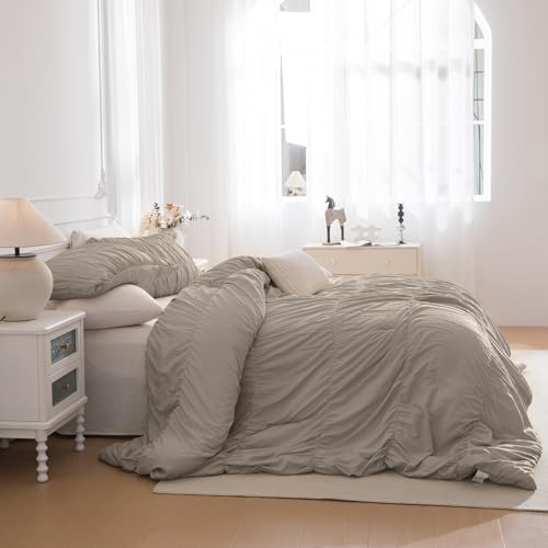 Masaca Oversized King Comforter 128x120,Linen Like Textured Ruched Shabby Boho Chic Bedding Comforter Set,3Pcs Extra Large King Size Ruffle Luxury Fluffy Bedroom Comforter Sets Lightweight Masaca