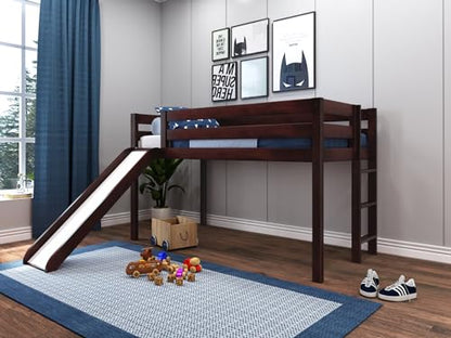 JACKPOT! Low Loft Twin Bed with End Ladder and Slide, Cherry with Blue & White Tent