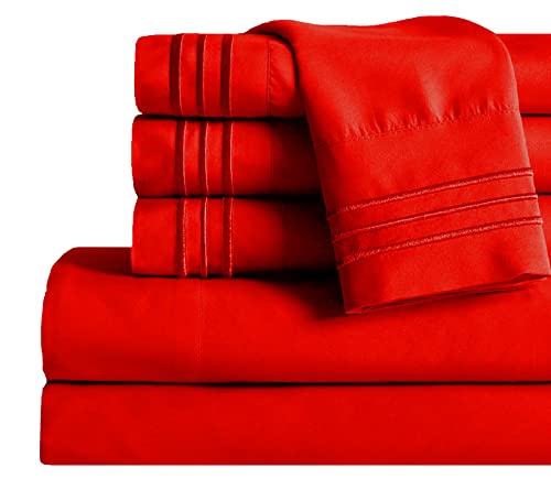 Mocassi Queen Sheet Set - Luxury Hotel 1800 Premier Bedding Sheets & Pillowcases - Ultra Soft Breathable & Cooling Bed Sheets - Deep Pocket - Wrinkle Resistant - 6 Piece Set - Queen, Red Mocassi