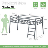 Lutown-Teen Low Metal Twin XL Loft Bed with Ladder and Guardrail for Kids or Teens, Space Saving XL Twin Loft Bed for Small Bedroom, Grey Lutown-Teen
