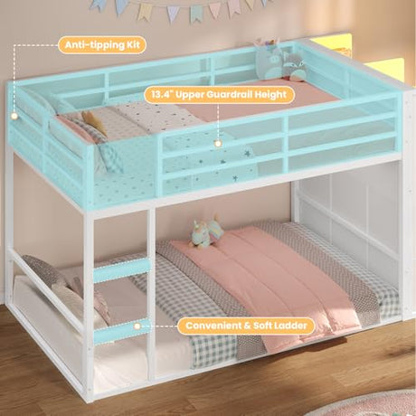 BTHFST Bunk Bed Twin Over Twin with 6 Large Fabric Drawers & 4 Wooden Storage Bookshelf Organizer, Metal Low Bunk Bed for Kids with LED Lights & Safety Ladder and Guardrail, Space Saving BTHFST