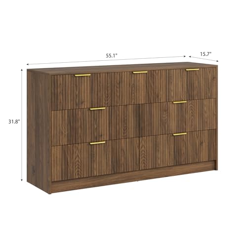 Sscaktu 7 Drawers Dresser for Bedroom，55" Wide Fluted Dresser with Deep Drawers, Modern Chest of Drawers, Mid Century Wood TV Stand Storage Organizer for Closet, Living Room, Hallway, Natural Sscaktu