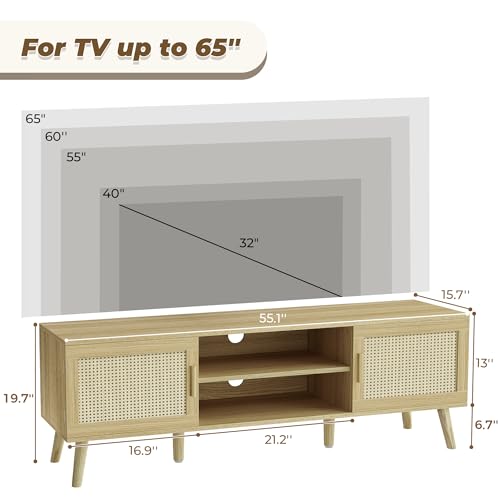 SUPERJARE Boho TV Stand for 55 Inch TV, Entertainment Center with Adjustable Shelf, Rattan TV Console with 2 Cabinets, Media Console, Solid Wood Feet, 4 Cord Holes, for Living Room - Natural - WoodArtSupply