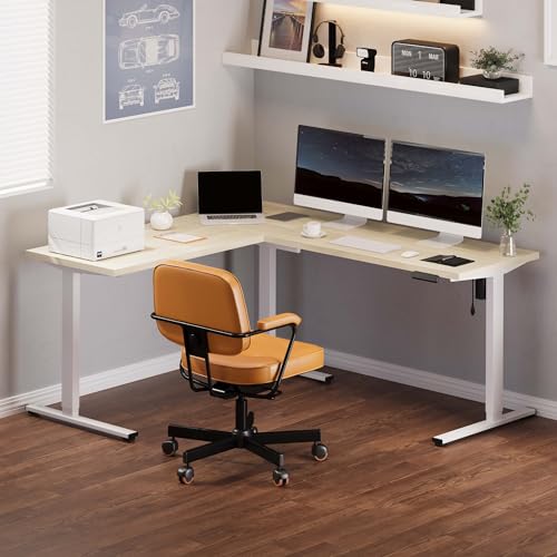 FLEXISPOT L Shaped Standing Desk, 71 x 63 Inch Electric Height Adjustable Corner Desk, Sit Stand Computer Workstation, Preset Controller, Home Office, White Frame with Maple Top FLEXISPOT
