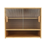 Bamboo Countertop Storage Cabinet with 2 Sliding Striped Glass Doors, Kitchen Cabinet Pantry Sideboard Freestanding Utility Cupboard for Spice Seasoning Bottles, Dish, Bowl (Wood Color) BuufuS