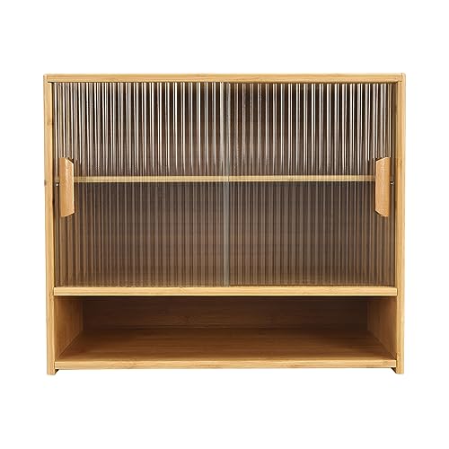 Bamboo Countertop Storage Cabinet with 2 Sliding Striped Glass Doors, Kitchen Cabinet Pantry Sideboard Freestanding Utility Cupboard for Spice Seasoning Bottles, Dish, Bowl (Wood Color) - WoodArtSupply