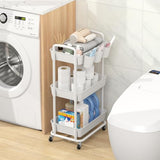 JIUYOTREE 3-Tier Plastic Rolling Storage Cart Utility Cart with Extra Hanging Cups Handles Lockable Wheels for Living Room Bathroom Kitchen Office White JIUYOTREE