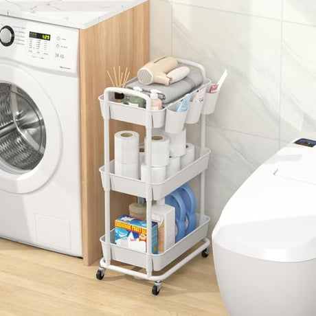 JIUYOTREE 3-Tier Plastic Rolling Storage Cart Utility Cart with Extra Hanging Cups Handles Lockable Wheels for Living Room Bathroom Kitchen Office White JIUYOTREE