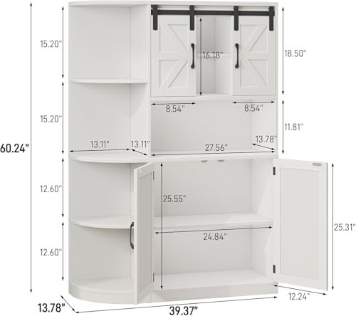 Vabches Farmhouse Pantry Cabinet, Kitchen Pantry Storage Cabinet with Sliding Door, Rustic Buffet Sideboard with Microwave Stand, Freestanding Cupboard with Shelves for Dining Room, White Vabches