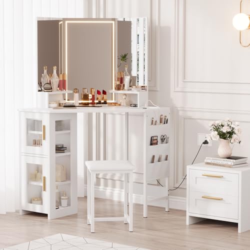Garvee Corner Vanity Desk and Stool, Corner Makeup Vanity with LED Lighted Mirror Charging Station and Cabinet for Bedroom, White Garvee