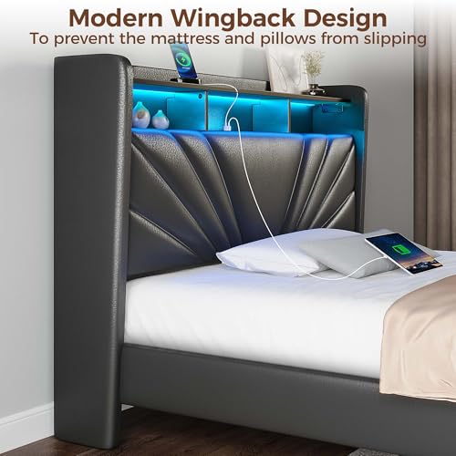 Rolanstar Twin Size Bed Frame, Storage Headboard with Charging Station and LED Lights, Upholstered Bed with Heavy Duty Wood Slats, No Box Spring Needed, Noise Free, Easy Assembly, Black Rolanstar