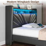 Rolanstar Twin Size Bed Frame, Storage Headboard with Charging Station and LED Lights, Upholstered Bed with Heavy Duty Wood Slats, No Box Spring Needed, Noise Free, Easy Assembly, Black Rolanstar