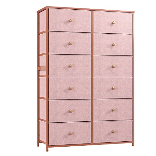 EnHomee Dresser with 12 Drawers, Tall Dressers for Girls Bedroom with Wood Top Metal Frame, Chest of Drawers for Bedroom, Closets, Pink, 11.9" D x 34.8" W x 52.2" H EnHomee