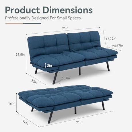 AMICLIBER Futon Sofa Bed Convertible Couch, Blue Linen Sofa Bed with Memory Foam, Adjustable Backrest & Armrests, Multifunctional Small Loveseat Sleeper Sofa for Living Room, Apartment, Office AMICLIBER