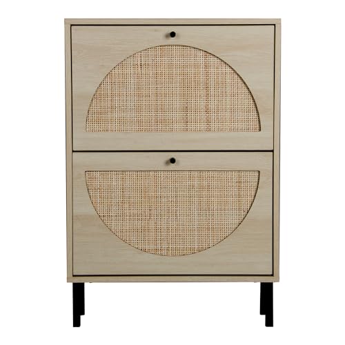 ZeHuoGe Natural Rattan Shoe Cabinet with 2 Flip Drawers, Entrance Hallway Free Standing Shoe Racks with Metal Legs for Heels, Slippers (Natural) - WoodArtSupply