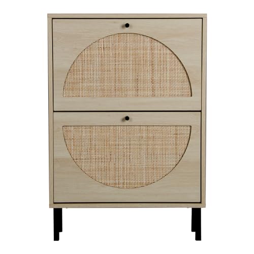 ZeHuoGe Natural Rattan Shoe Cabinet with 2 Flip Drawers, Entrance Hallway Free Standing Shoe Racks with Metal Legs for Heels, Slippers (Natural) ZeHuoGe