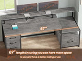 SEDETA Home Office Desk with File Drawer & Power Outlet, 66'' Computer Desk with 5 Drawer, Storage Shelves, Printer Cabinet and Monitor Shelf, Gaming Desk with Led Lights, Grey SEDETA