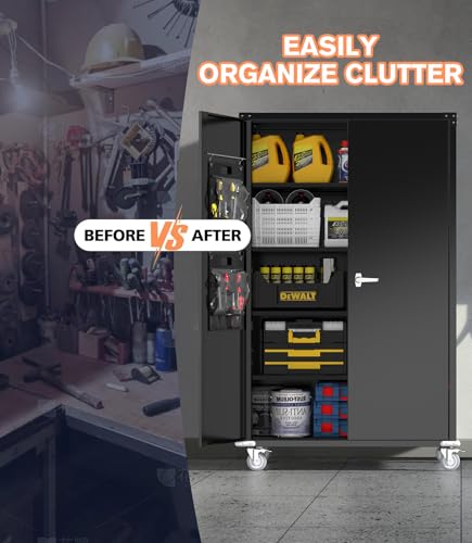 OREALLANDROL 72"x44"x22" Metal Garage Storage Cabinet with Wheels & Pegboards, Black Steel Locking Cabinet with 4 Adjustable Shelves, Rolling Tool for Garage, Basement, Home, Office OREALLANDROL