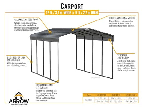 Arrow Carports Galvanized Steel Carport, Full-Size Metal Carport Kit, 12' x 29' x 9', Charcoal Arrow