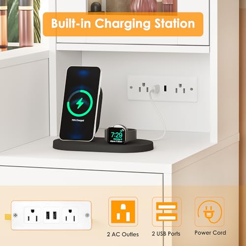 ANWBROAD 49.2" Large Vanity Desk with Mirror and Lights White Makeup Vanity Desk with Glass Top and Power Outlet 8 Drawers Nightstand 5 Hooks Vanity Table with Stool for Bedroom Women Girls UBDT88W ANWBROAD