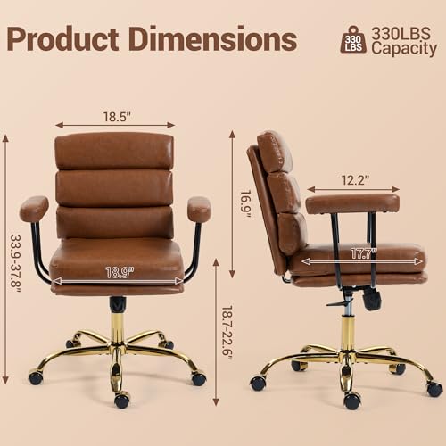 WENTUM Leather Office Chair with Wheels,Ergonomic Swivel Rolling Task Chair,Padded Seat and Armrests,Adjustable Height Home Desk Chair,Executive Computer Chair, Gold Base Makeup Vanity Chair,Brown WENTUM