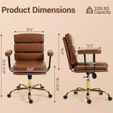 WENTUM Leather Office Chair with Wheels,Ergonomic Swivel Rolling Task Chair,Padded Seat and Armrests,Adjustable Height Home Desk Chair,Executive Computer Chair, Gold Base Makeup Vanity Chair,Brown WENTUM