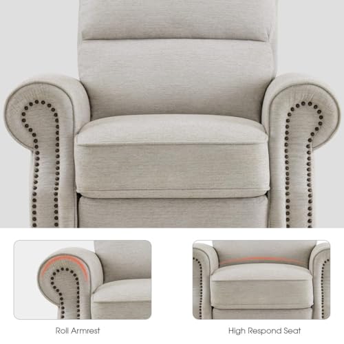 MCombo Pushback Recliner Chair, 3-Position Oversized Manual Recliner with Rolled Arms, Solid Wood Legs & Chenille Upholstery, Accent Reclining Chair for Living Room Office 4865 (Beige) MCombo