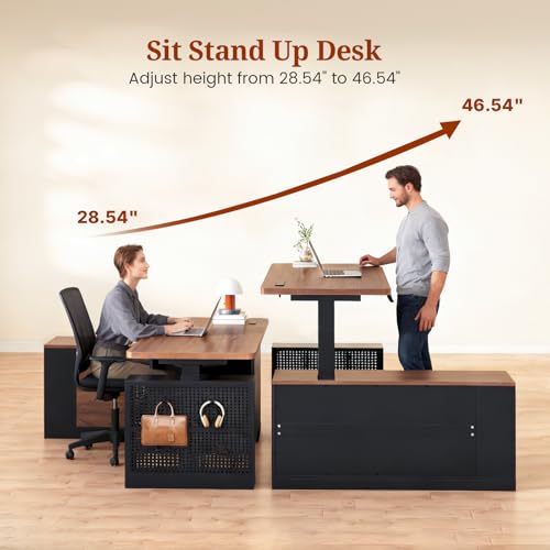 UPOSOJA L Shaped Standing Desk Adjustable Height, 53" Electric Office Desk with File Drawers & Storage Shelves, Sit Stand Corner Computer Desk with Power Outlets, Pegboard, 6 Hooks, Black & Walnut UPOSOJA
