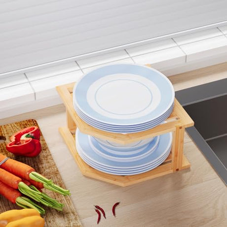 VERTORGAN Bamboo Corner Shelf,2 Tier Plate Organizer for Cabinet and Countertop,Pantry Dish and Spice Rack for Kitchen VERTORGAN