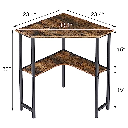 VECELO Corner Computer Desk 33 x 23 inches with Storage Shelves for Small Spaces,Triangular Shape,Brown - WoodArtSupply