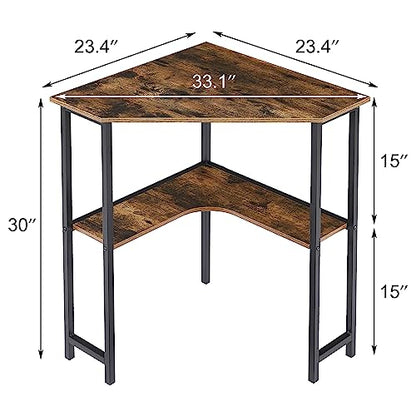 VECELO Corner Computer Desk 33 x 23 inches with Storage Shelves for Small Spaces,Triangular Shape,Brown - WoodArtSupply