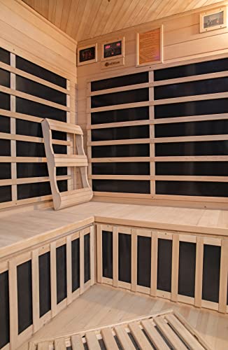 Heat Wave 3 Person Sauna Corner Fitting Infrared FIR FAR 7 Carbon Heaters Hemlock Wood MP3 Player 2 Speakers Color Therapy Light LED Control Panel Heat Wave