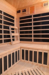 Heat Wave 3 Person Sauna Corner Fitting Infrared FIR FAR 7 Carbon Heaters Hemlock Wood MP3 Player 2 Speakers Color Therapy Light LED Control Panel Heat Wave